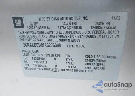 2010 Chevrolet Equinox Lt z USA, uszkodzony, nr VIN 2CNALDEWXA6276349